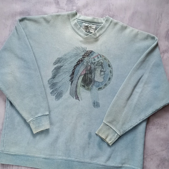 Vintage 90s Native Indigenous Head Faded Crewneck Sweater GALT SAND