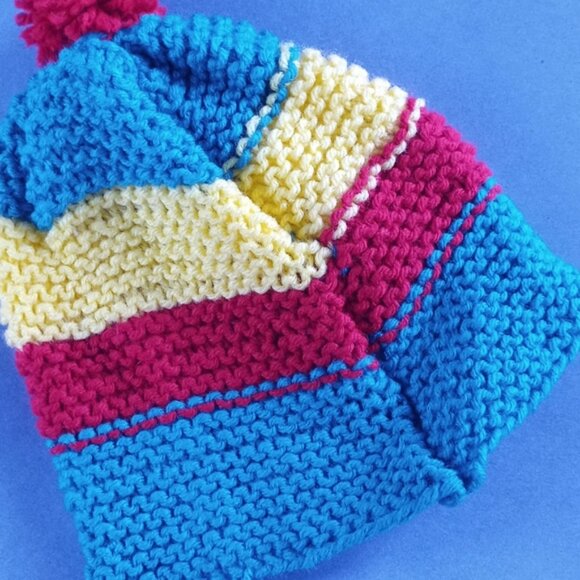 Vintage Hand-Knitted Made-in-Canada Colourful Beanie with Pom Pom