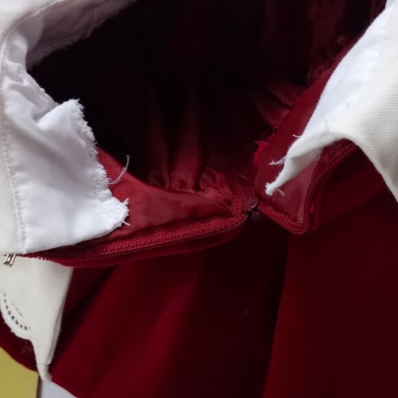 Vintage Girls Handmade Fancy Red Velvet Dress with White Accented Neck