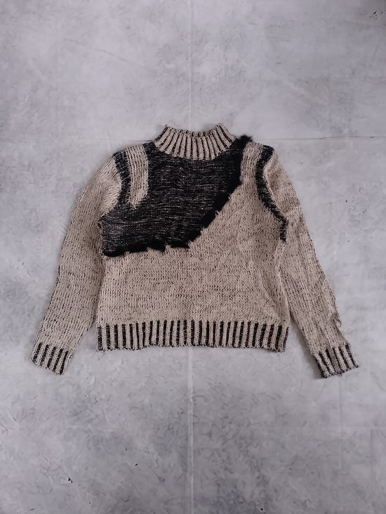 Vintage 90s Womens Two-Tone Knit Sweater in Beige and Black - Mock Neck Wool