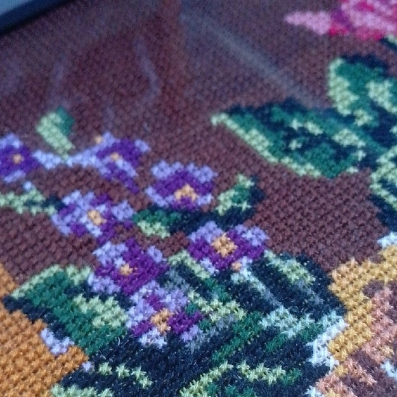 Vintage Floral Needlepoint Art in Frame