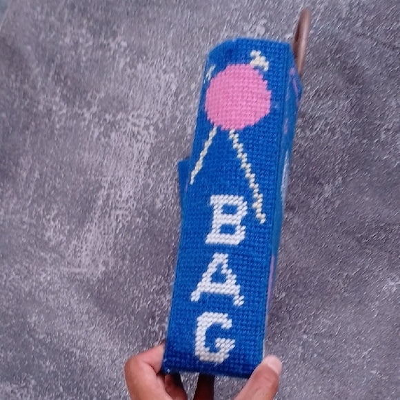 Vintage Handmade Blue and Pink Knitting Bag Tapestry Bag