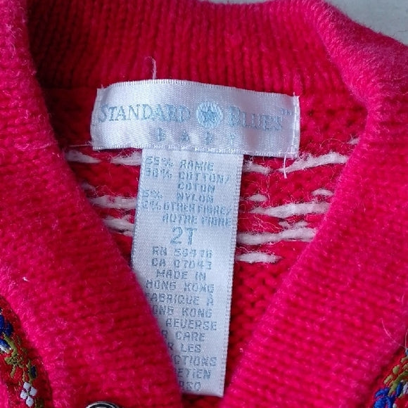 VINTAGE Standard Blues Baby Red Knit Kids Cardigan with White Pattern