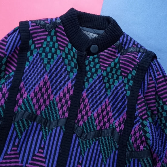 Vintage Karizma Aunt Viv Thick-Knit Zip-Up Winter jacket with leather trim