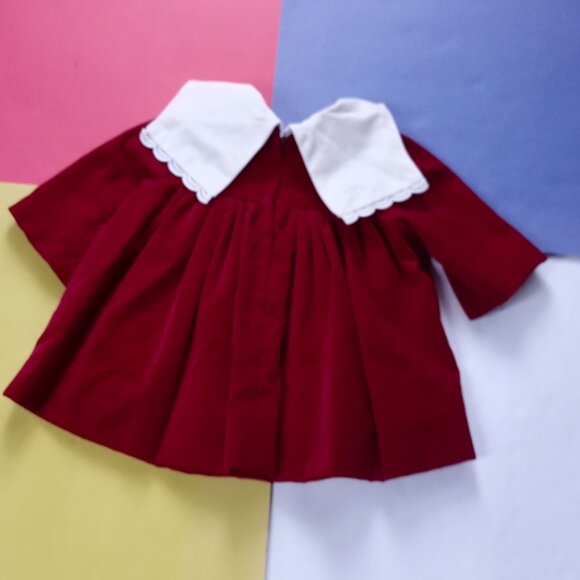 Vintage Girls Handmade Fancy Red Velvet Dress with White Accented Neck