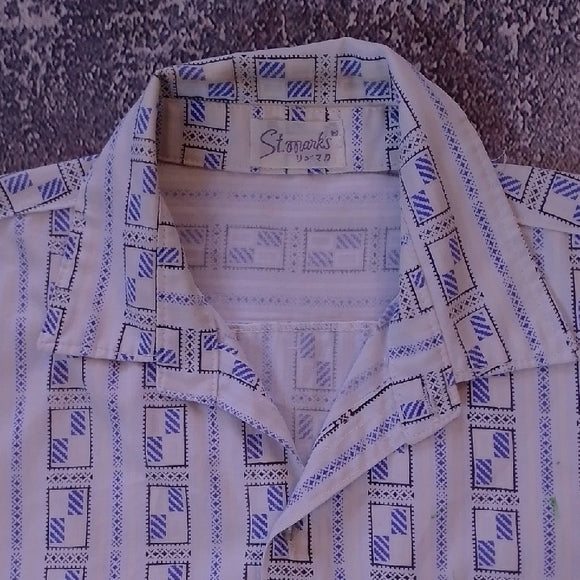 Vintage 90s Japanese Men's Blue Patterned Short Sleeve Shirt St.Marks
