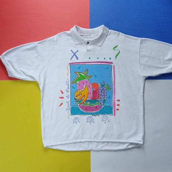 Vintage 1990s Bowl Of Fruit Silent Fish Oversized Polo Shirt