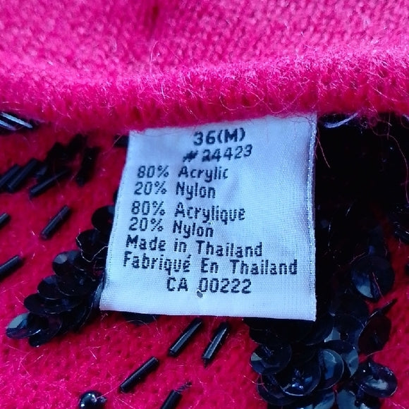 VINTAGE 90s Red Sweater with Beaded Black Floral Design