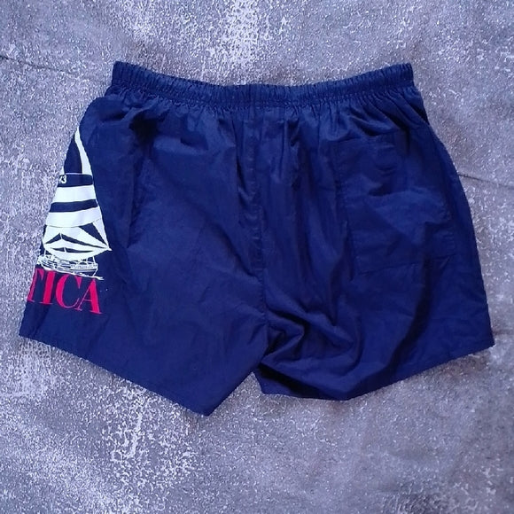 Vintage 90s Nautica Dark Blue Swim Shorts with Sailboat Print