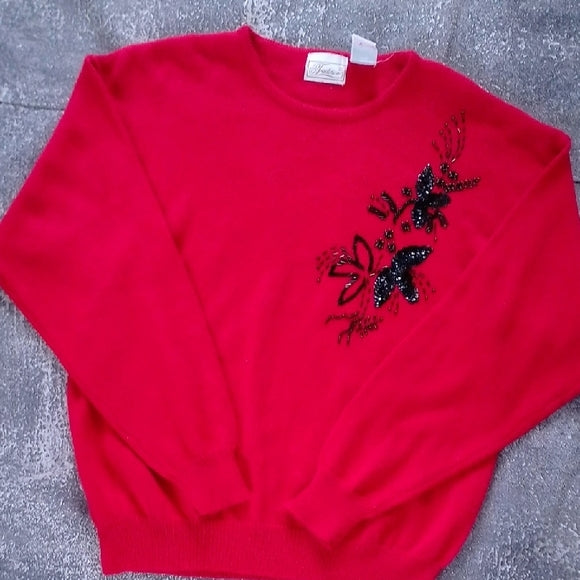 VINTAGE 90s Red Sweater with Beaded Black Floral Design