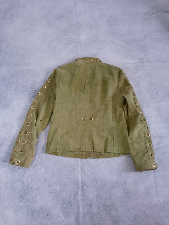 Aria Olive Green Suede Jacket with Gold Grommets