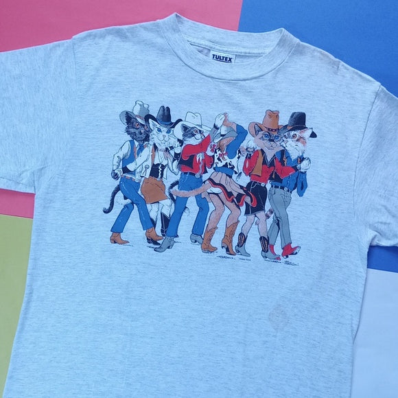Vintage Cats In Cowboy Attire Western Front & Back Single Stitch T-Shirt