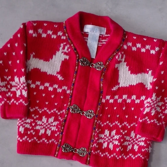 VINTAGE Standard Blues Baby Red Knit Kids Cardigan with White Pattern