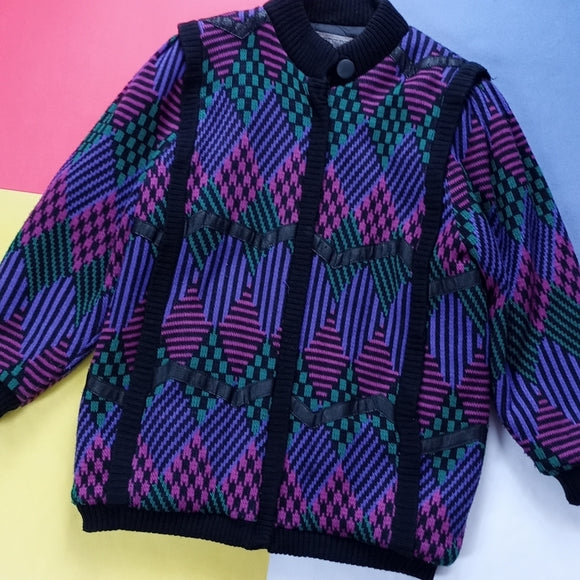 Vintage Karizma Aunt Viv Thick-Knit Zip-Up Winter jacket with leather trim