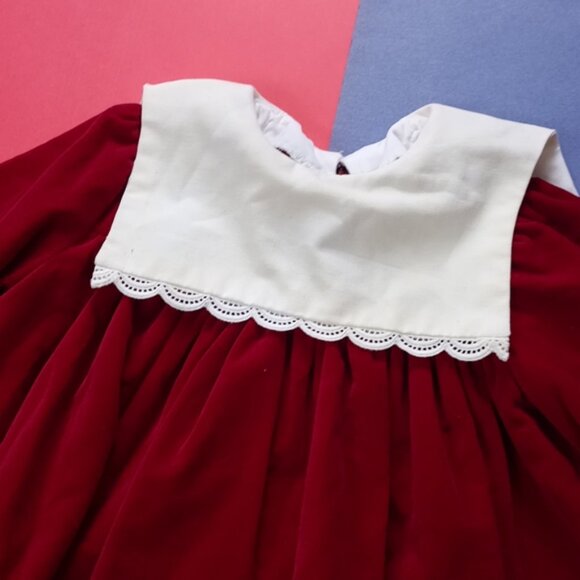 Vintage Girls Handmade Fancy Red Velvet Dress with White Accented Neck