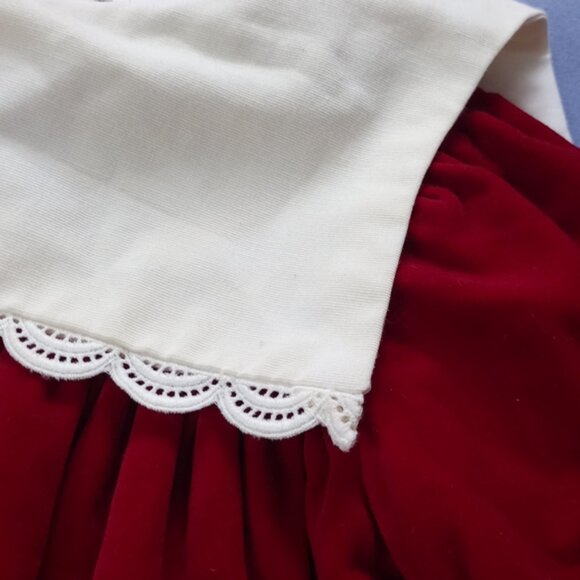 Vintage Girls Handmade Fancy Red Velvet Dress with White Accented Neck