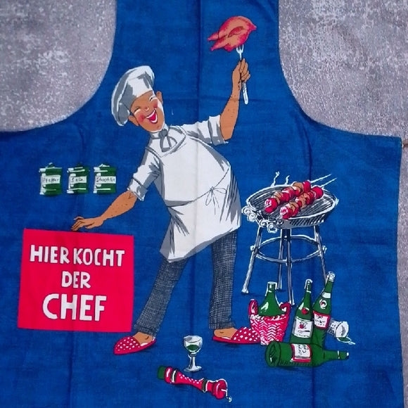 Vintage Novelty Print Blue Chef Apron "HIER KOCHT DER CHEF"