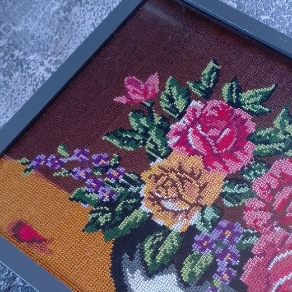 Vintage Floral Needlepoint Art in Frame