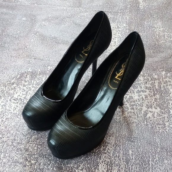 Yves Saint Laurent Paris Black Lizard Embossed Leather Tribtoo Platform Pumps