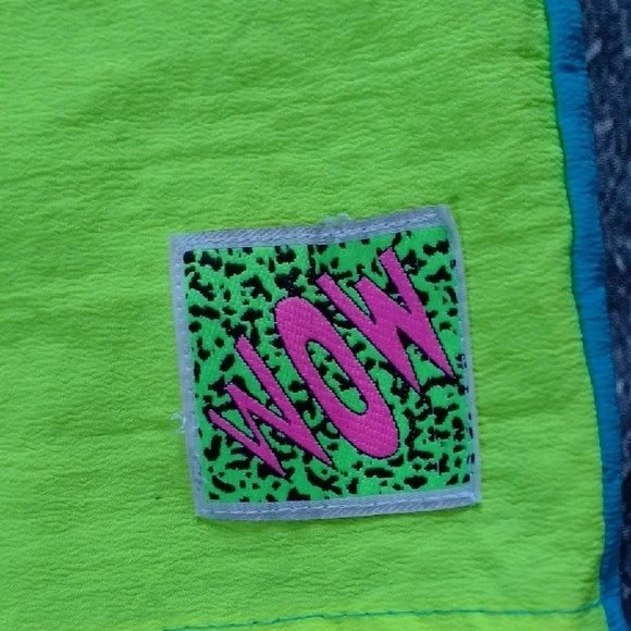 Vintage 90s Men's Neon Green and Blue Swim Shorts