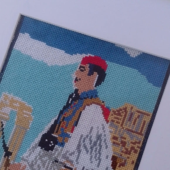 Framed Turkish Soldier Needlepoint Art with Red and Blue Accents