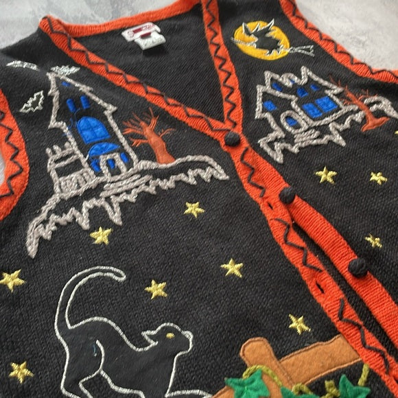 Vintage Halloween Cat Pumpkins Ugly Sweater Button-Up