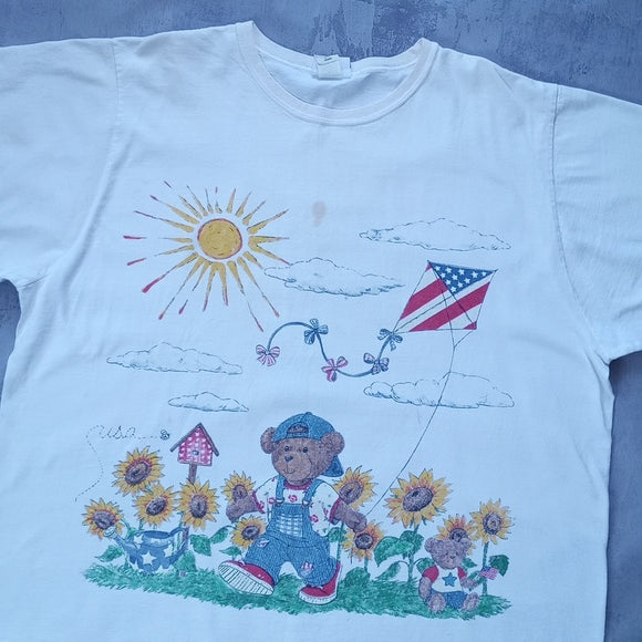 VINTAGE 90s Teddy Bear Flying Kite Big Print Double Sided T-Shirt