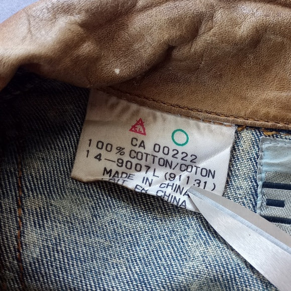 Vintage 80s Fiori Acid Wash Leather Trim Jean Denim Jacket