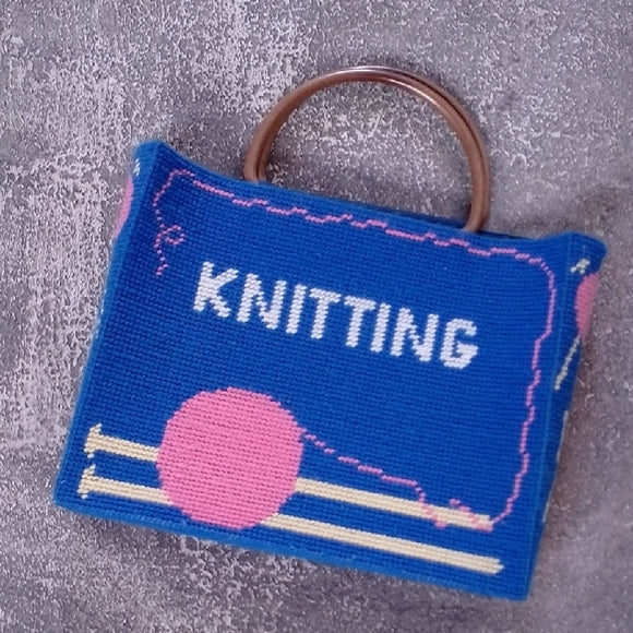 Vintage Handmade Blue and Pink Knitting Bag Tapestry Bag