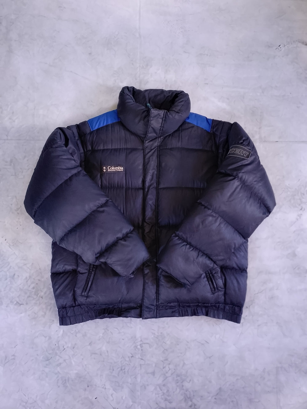 Vintage Columbia Down Black Puffer Jacket with Blue Shoulder Accents