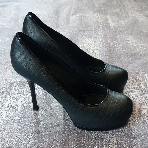 Yves Saint Laurent Paris Black Lizard Embossed Leather Tribtoo Platform Pumps