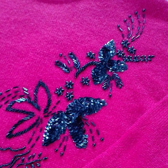 VINTAGE 90s Red Sweater with Beaded Black Floral Design