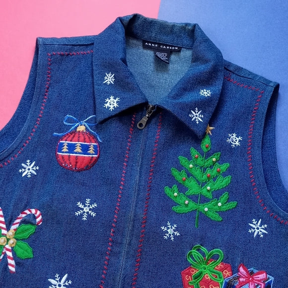 Vintage Women’s Anne Carson Holiday Applique Denim Vest SIZE: L