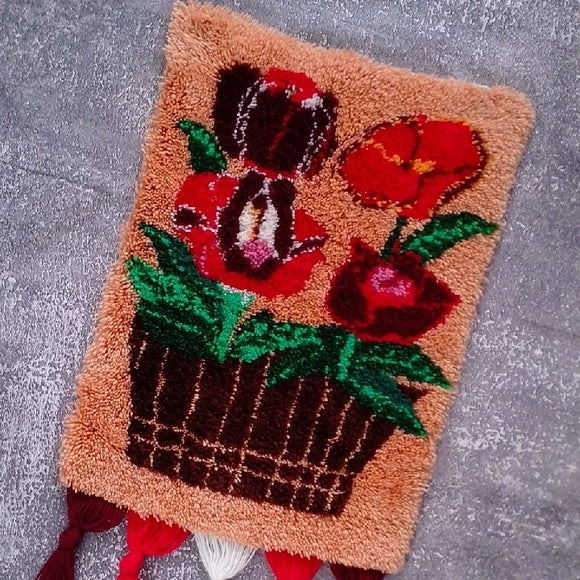 Vintage 70s Latch Hook Rug Floral Tapestry Wall Hanging with Tassels