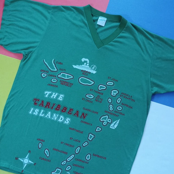 Vintage 1970s The Caribbean Islands V-Neck Graphic Single Stitch T-Shirt
