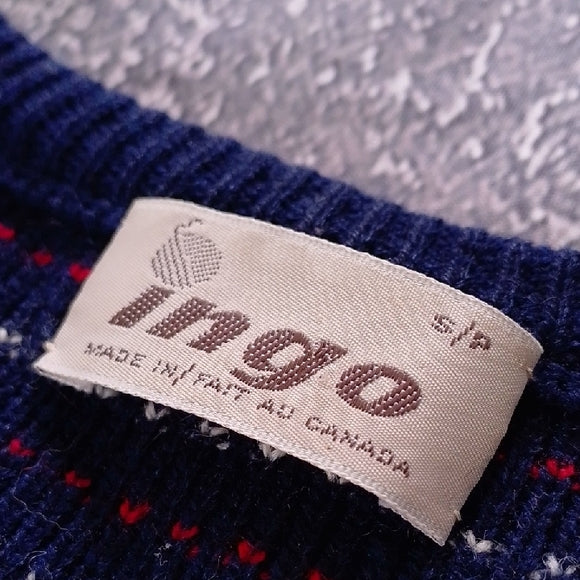 VINTAGE 90s ingo Dotted Navy Blue Wool V-Neck Sweater