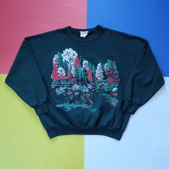 Vintage 90s Nature Wildlife Flying Duck & Forest Crewneck Sweater