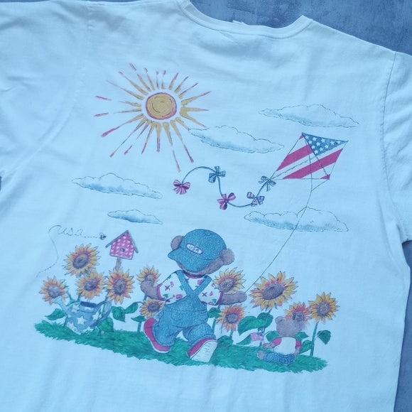 VINTAGE 90s Teddy Bear Flying Kite Big Print Double Sided T-Shirt