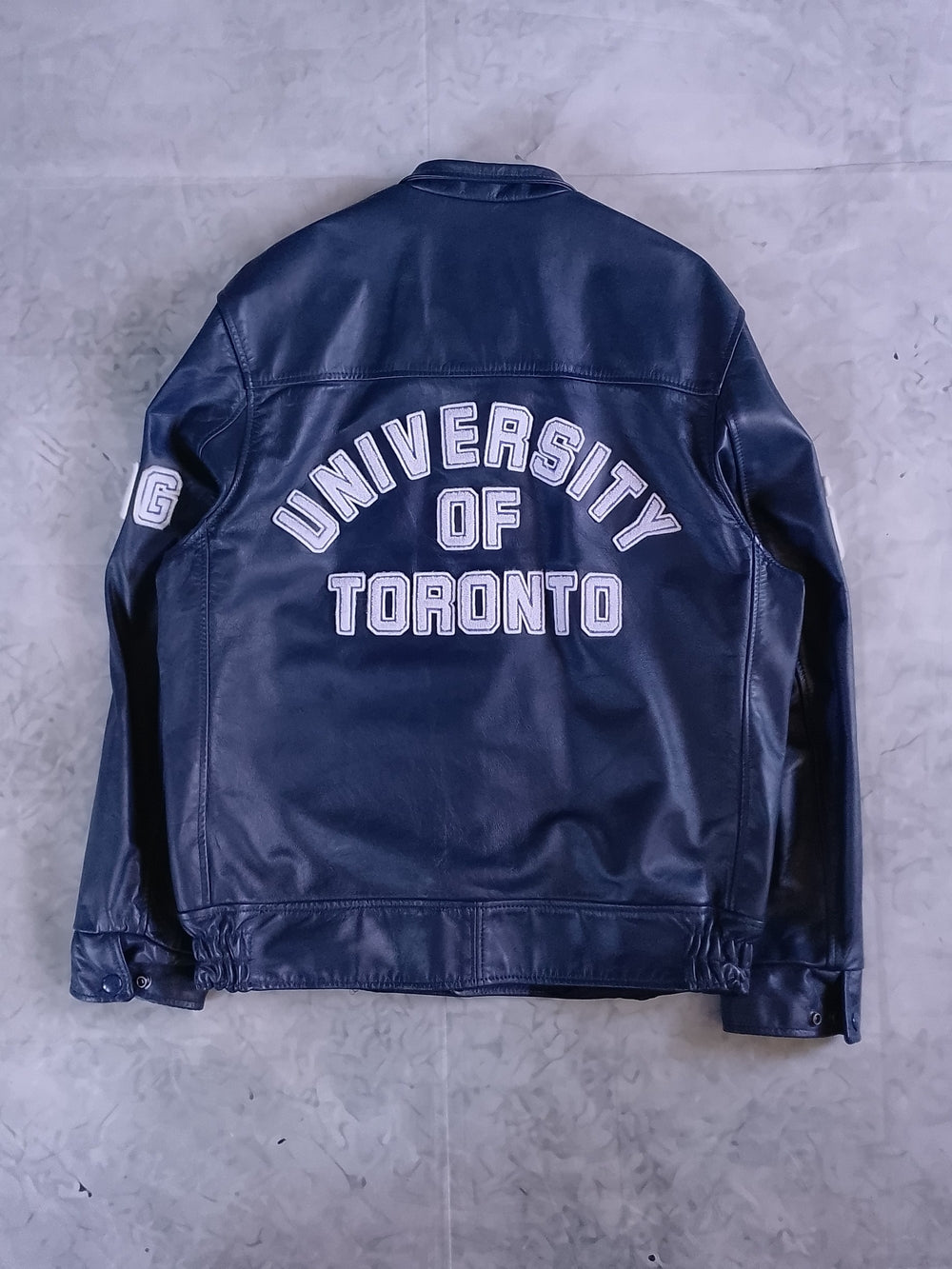 Vintage 1980s University of Toronto Navy Leather Jacket LANGUAGE DEPT LETTERMAN