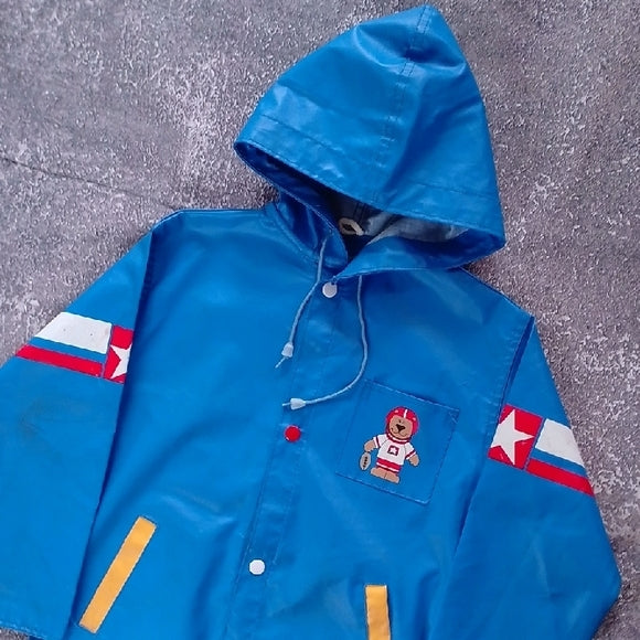 Vintage Football Bear Kids Blue Hooded Jacket with Yellow Accents