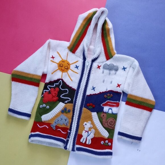 Vintage Handmade Animals & Friends Knitted Zip-Up Sweater