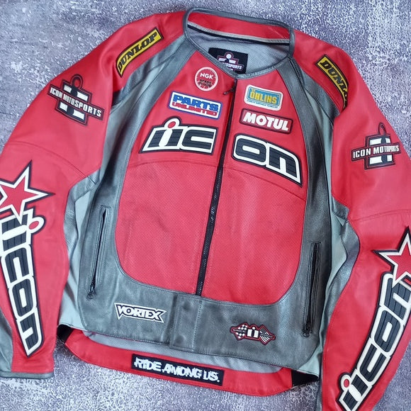 ICON Hero Merc Leather Motorcycle Jacket - XL- Sleeve Logos VERY RARE Red