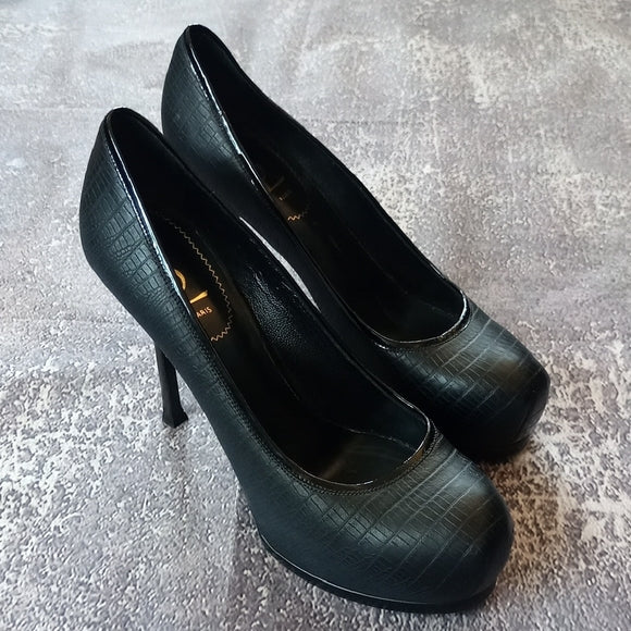 Yves Saint Laurent Paris Black Lizard Embossed Leather Tribtoo Platform Pumps