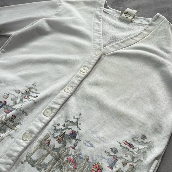Vintage Northern Reflections Snowfall On Trees With Birdhouses Sweater Button-Up