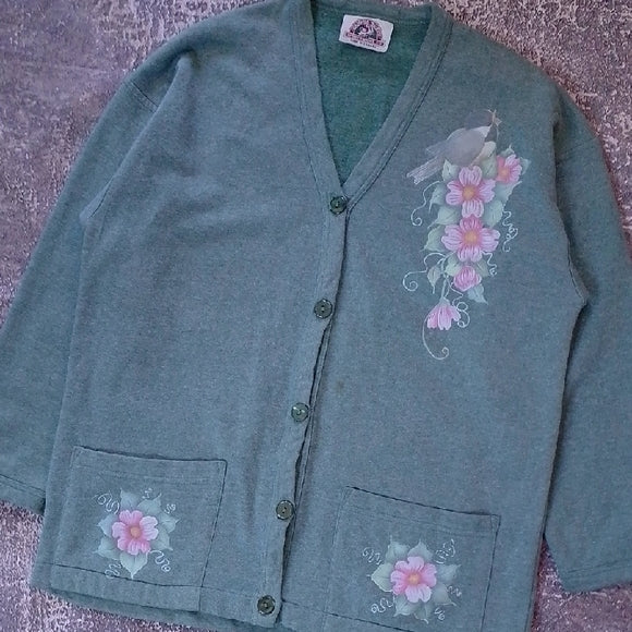 Vintage 90s Floral Green Cardigan Sweater