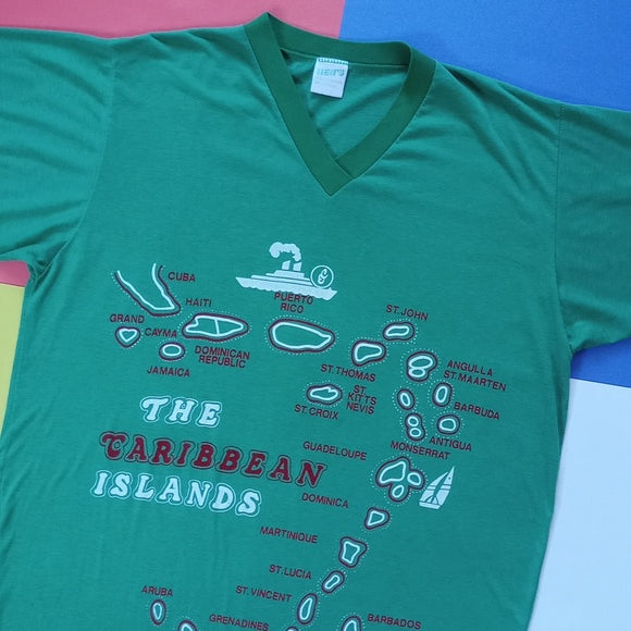 Vintage 1970s The Caribbean Islands V-Neck Graphic Single Stitch T-Shirt