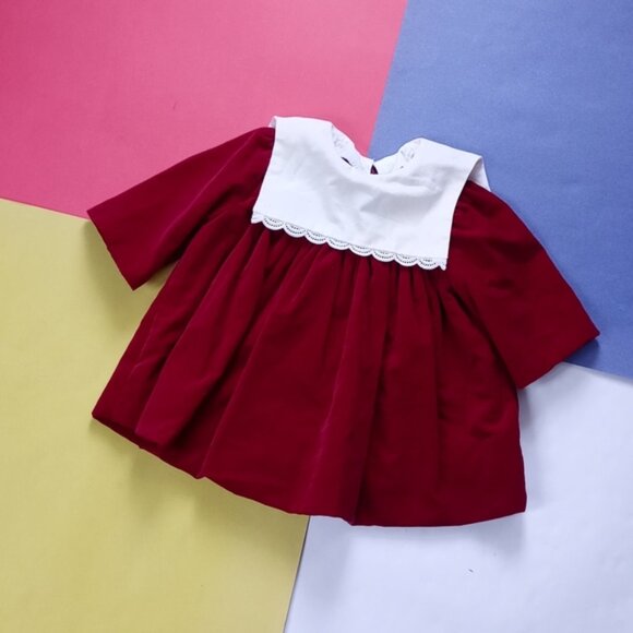 Vintage Girls Handmade Fancy Red Velvet Dress with White Accented Neck