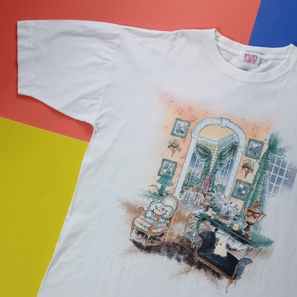 Vintage 1990s Fun Art Living Room With Dog Single Stitch T-Shirt unisex