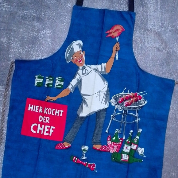 Vintage Novelty Print Blue Chef Apron "HIER KOCHT DER CHEF"
