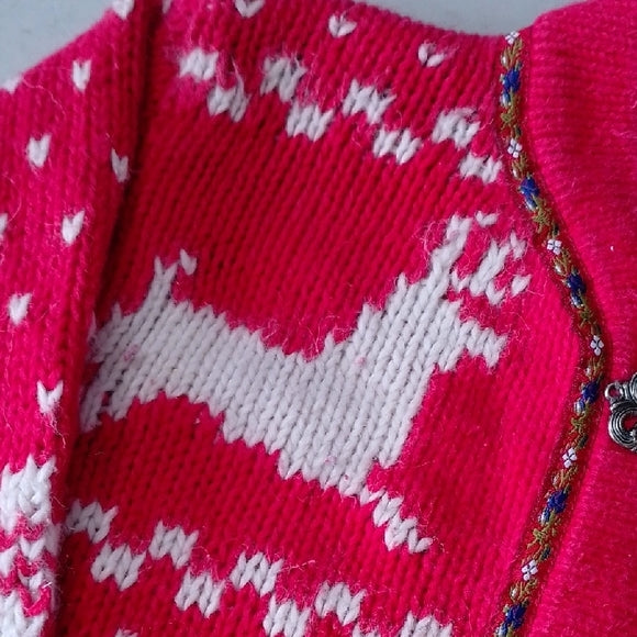 VINTAGE Standard Blues Baby Red Knit Kids Cardigan with White Pattern